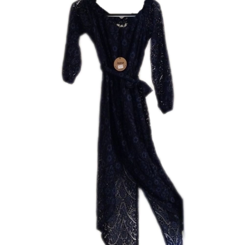 Jaase Off The Shoulder Lace Navy Blue Long Sleeve Dress Large